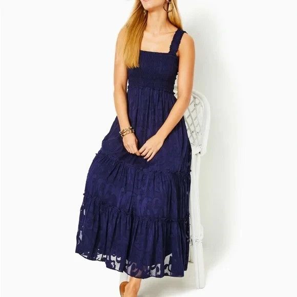 Lilly Pulitzer Hadley Smocked Maxi Dress in Navy Blue Crepe Swirl - Picture 2 of 13